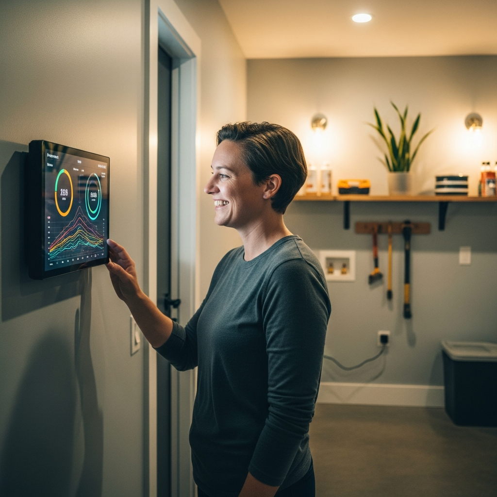 Ev Charging With Solar In Sydney: How To Size Your System Correctly - A homeowner happily checking a wall-mounted display showing the status of their home battery system. The display shows simplified graphics indicating the battery is charging from solar and is ready to provide power to the house and EV. The setting is a clean, modern utility room or garage.