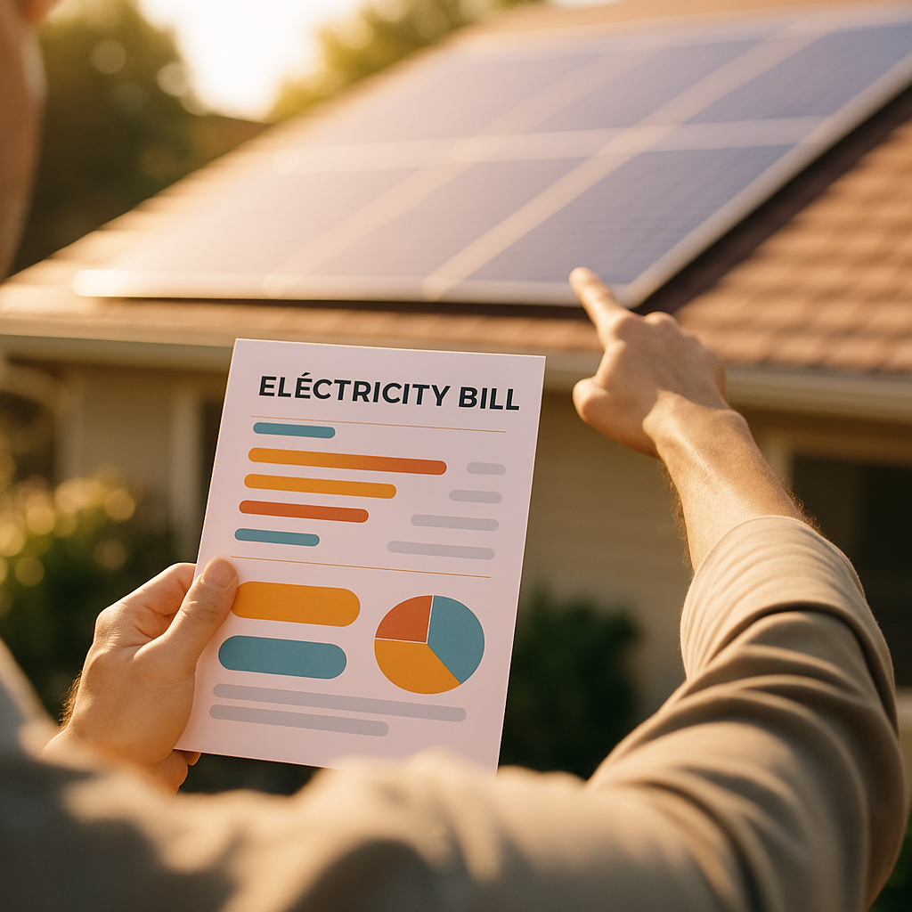 Solar Panels For Home Sydney - A person is holding a stylized (but illegible) electricity bill in one hand and pointing to a solar panel on their roof with the other. The roof is bathed in sunlight. The image conveys a direct comparison and consideration of energy costs vs. solar benefits.