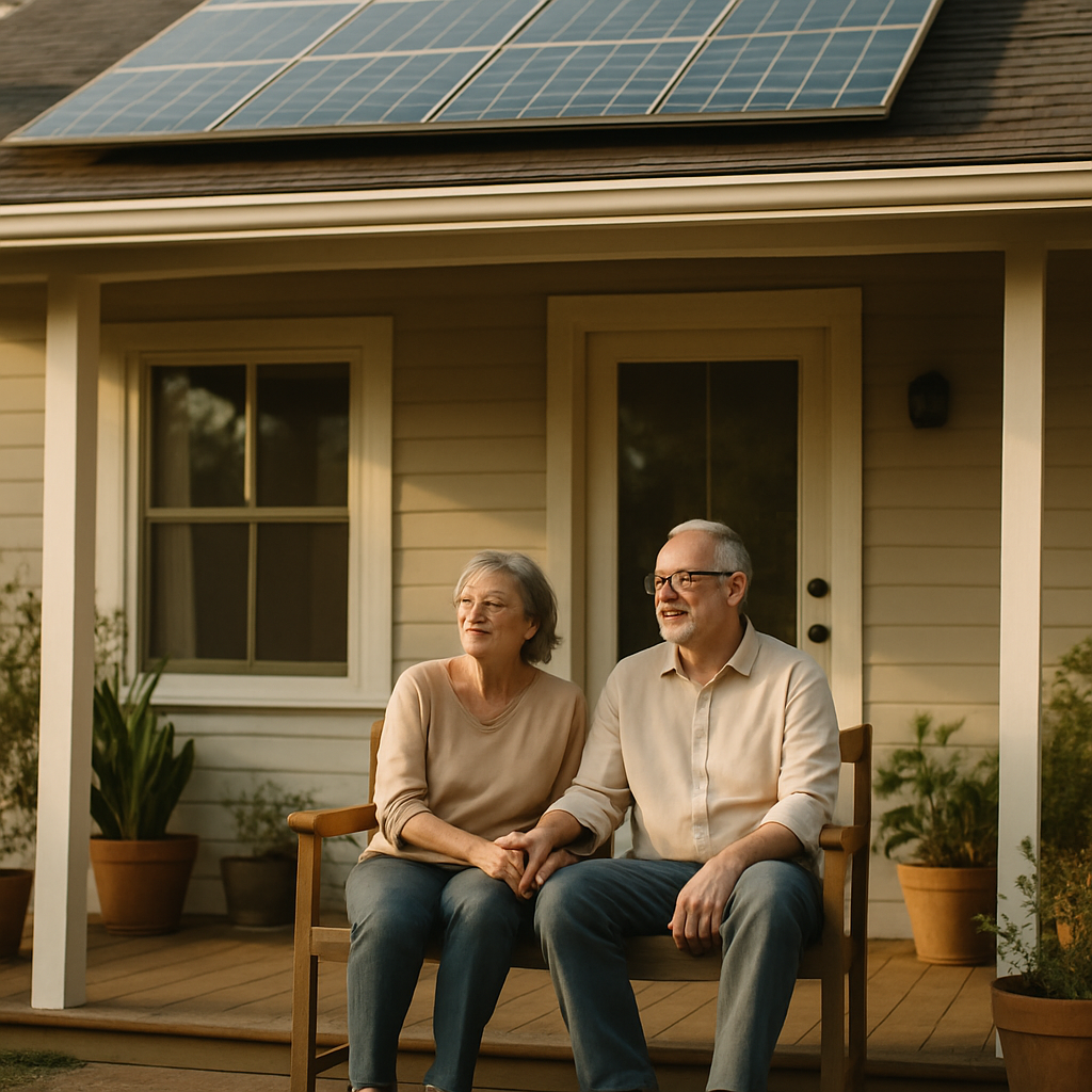 Solar Panels For Home Sydney - An elderly couple is sitting on their porch, looking out at their home. Solar panels are visible on the roof. They are holding hands and smiling contentedly. The image symbolizes long-term savings and peace of mind.