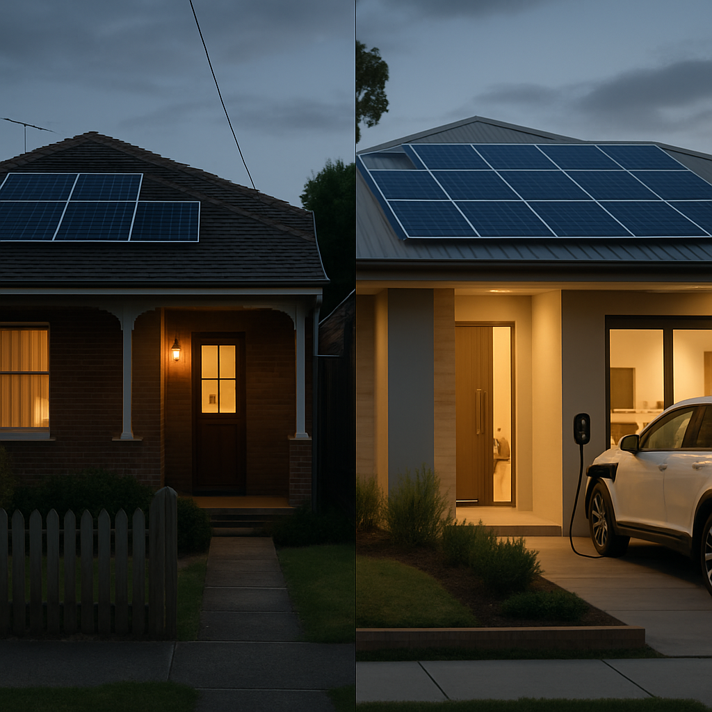 Three Phase Connection Solar Systems Sydney - A split image showing two homes side-by-side. The home on the left, representing single-phase, has a smaller solar panel array on the roof and is visibly running fewer appliances inside (dimmer lights, fewer devices plugged in). The home on the right, representing three-phase, has a larger solar array, brighter lights, and an EV charging in the driveway. The overall feeling is of limited potential vs. expanded capacity.