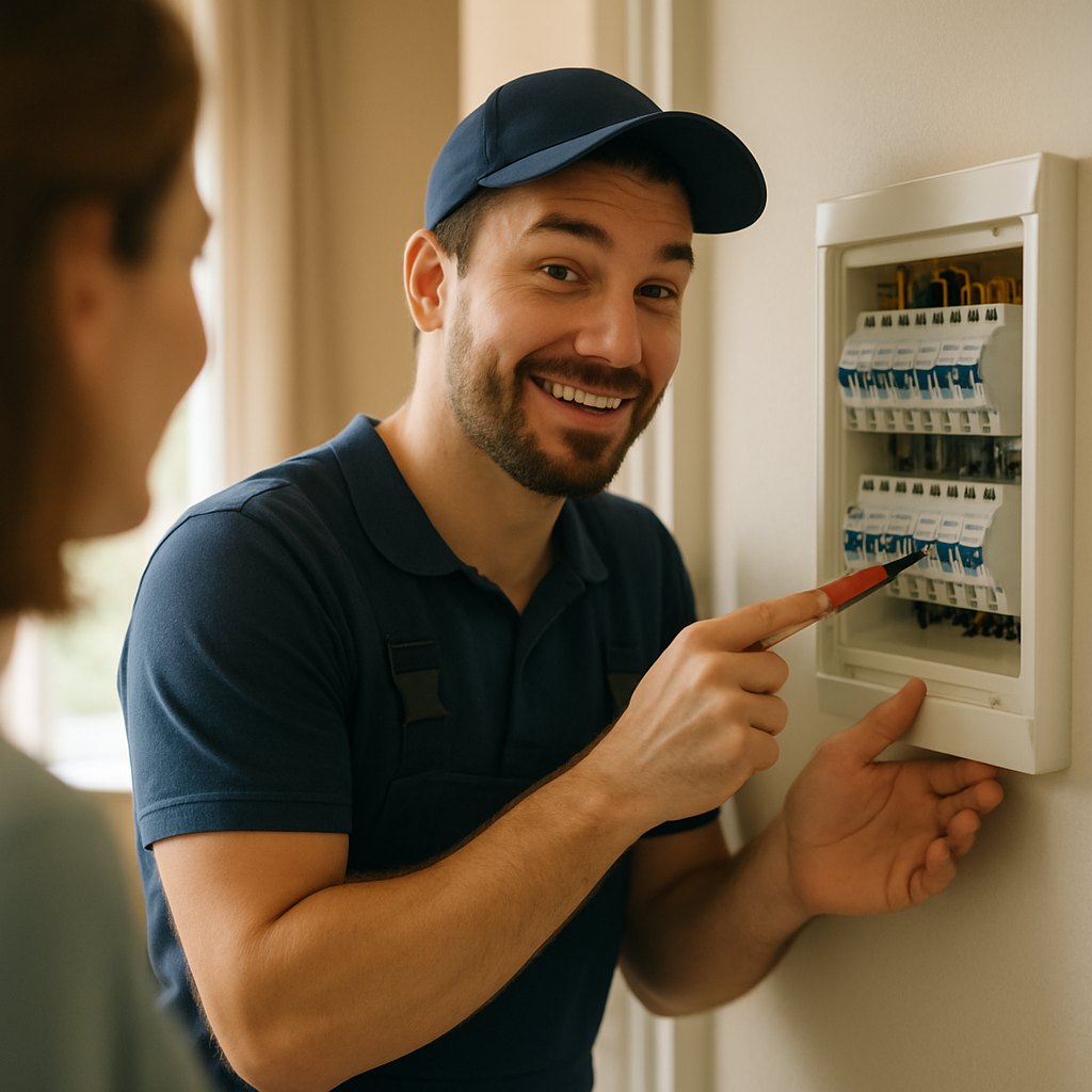 Three Phase Connection Solar Systems Sydney - A friendly electrician is shown working on a modern electrical switchboard inside a home. He is pointing to a section of the board, perhaps explaining something to a homeowner who is partially visible in the background. The scene is well-lit and safe, conveying expertise and trust.