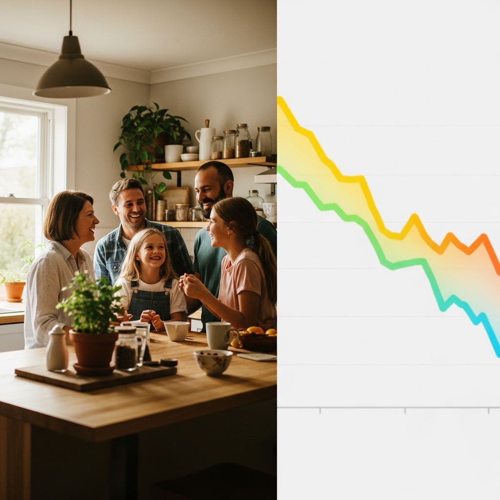 Solar Panels For Sydney Homes - A split-screen image. On one side, a family (parents and two children) is happily gathered around a kitchen island, bathed in natural sunlight. On the other side, a stylized graph shows a downward trending electricity bill, using colors that evoke savings and sunshine. The message is that solar panels lead to a brighter future.