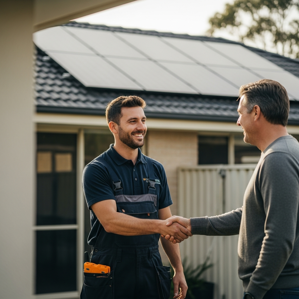Solar Panels For Sydney Homes - A medium shot of a qualified solar installer in work clothes, smiling and shaking hands with a homeowner in their backyard. They are standing near a newly installed solar panel array on the roof. The scene is warm and professional, conveying trust and expertise.