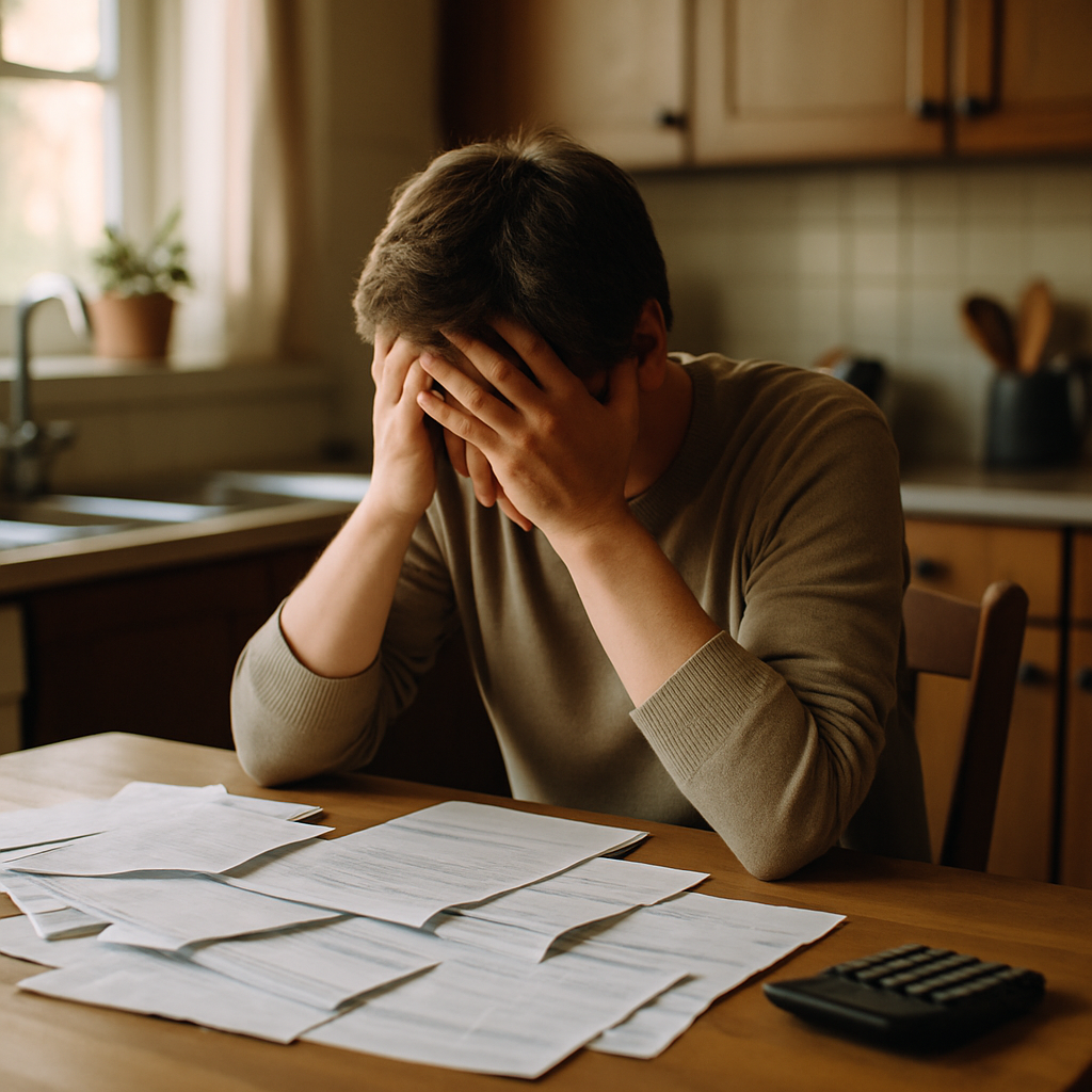 Cost Of Solar Panels - A worried-looking homeowner sitting at their kitchen table, surrounded by bills and paperwork. They are holding their head in their hands in frustration. The scene is lit with a warm, slightly concerned light.