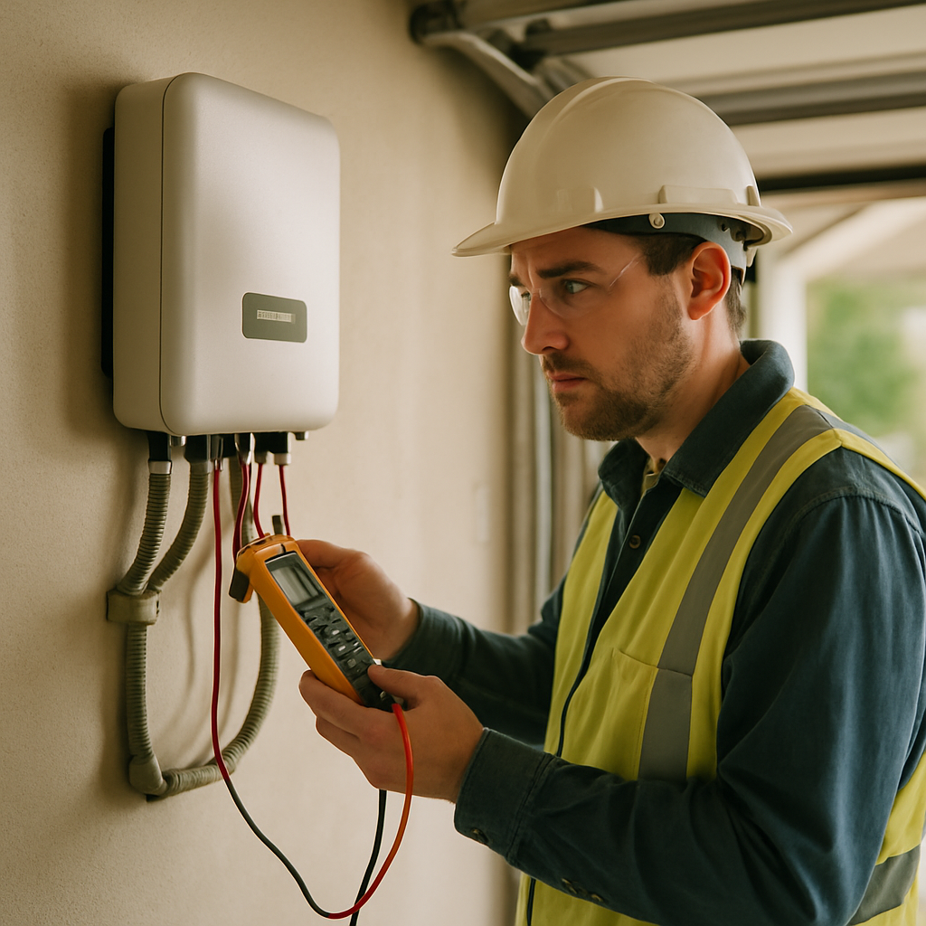 Cost Of Solar Panels - An electrician in safety gear is inspecting a solar inverter mounted on a wall in a garage. He is using a multimeter and looking concerned. The garage is well-lit, and the focus is on the electrician's professional assessment.