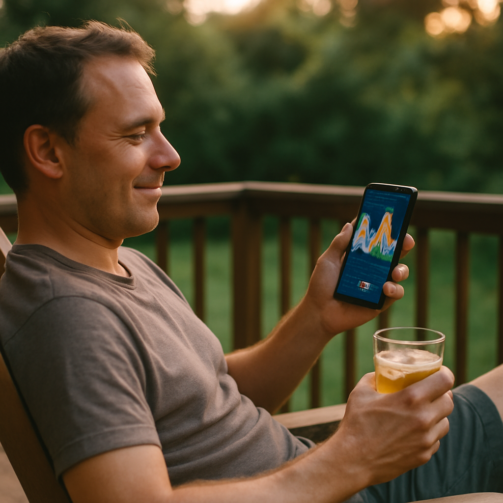 Solar Inverter Upgrade - A person sitting on their back porch, relaxing with a cool drink, while looking at a stylized, colorful, and illegible energy usage graph on their smartphone screen. They have a relaxed expression, suggesting they are in control of their energy usage. The background is a lush, green backyard.