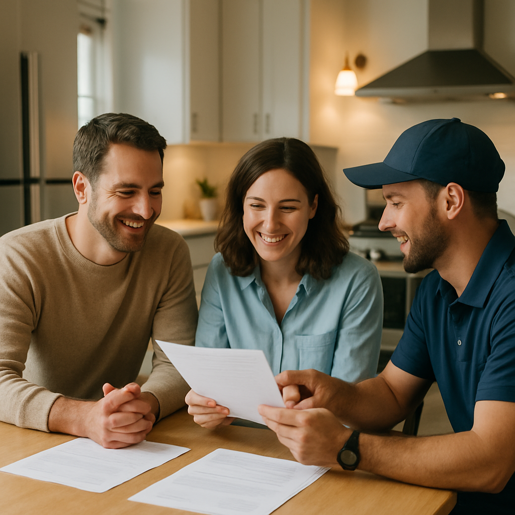 Solar Inverter Upgrade - Two homeowners, a man and a woman, are sitting at their kitchen table, reviewing documents (that appear official but contain no readable text) with a friendly solar panel installer. They are all smiling and engaged in a collaborative discussion. The kitchen is bright, clean, and modern.