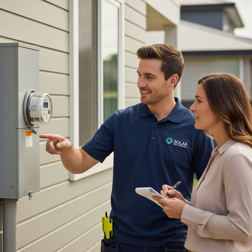 Solar Export Limits Ausgrid Vs Endeavour Energy - A friendly solar installer standing in front of a meter box on the side of a house, pointing to the meter with a smile. He is explaining something to the homeowner, who is standing next to him with a notepad in hand. The scene should convey trust and expertise.