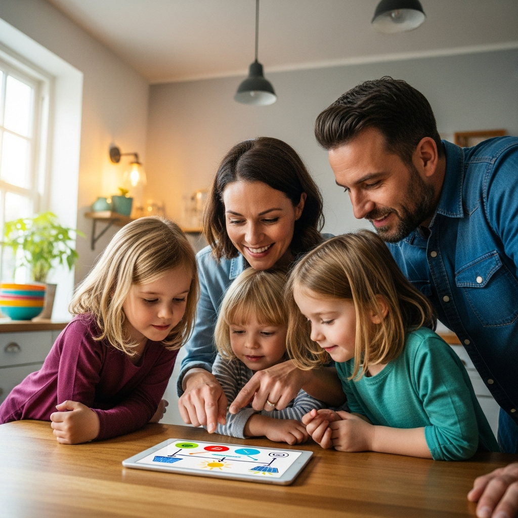 Solar Export Limits Ausgrid Vs Endeavour Energy - A family (two parents and two young children) gathered around a tablet on their kitchen table, looking at a simplified, colorful, and illegible diagram representing solar energy production and usage. The scene conveys understanding and empowerment. There's a sense of family discussion and shared learning.