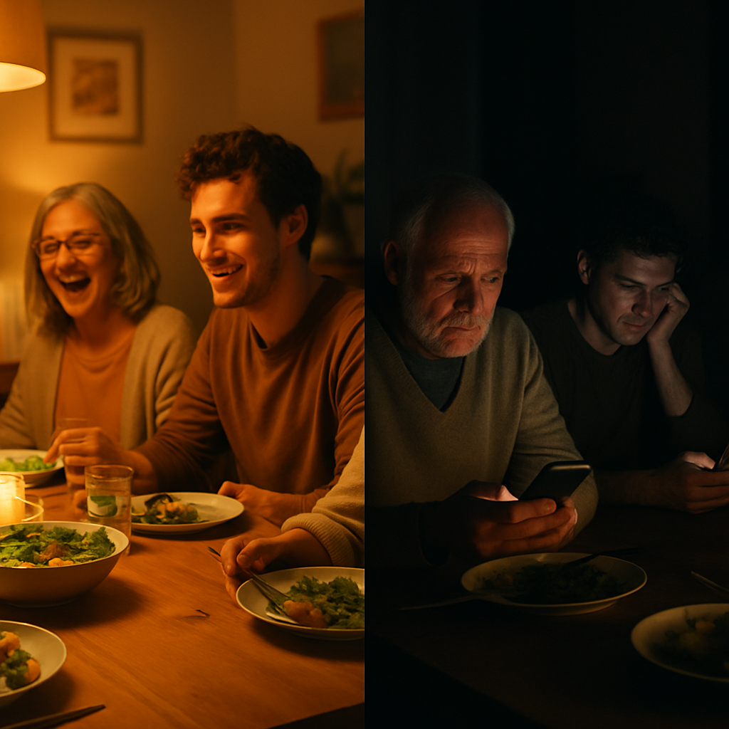 Time Of Use Tariffs - A split-screen image. On one side, a family is gathered around a brightly lit dining table, laughing and enjoying dinner. On the other side, the same family is dimly lit, looking frustrated and using their phones in the dark to represent peak times. The contrast highlights the difference in energy usage and atmosphere during different times of the day.