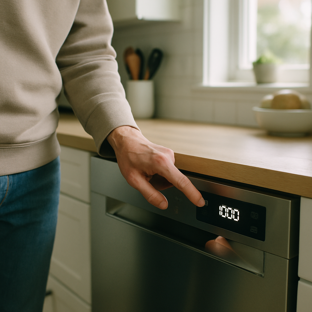 Time Of Use Tariffs - A person setting a timer on a modern dishwasher in a clean, well-organized kitchen. Focus is on the hand pressing the timer button and the digital display showing a late-night start time. The scene suggests easy automation and control.