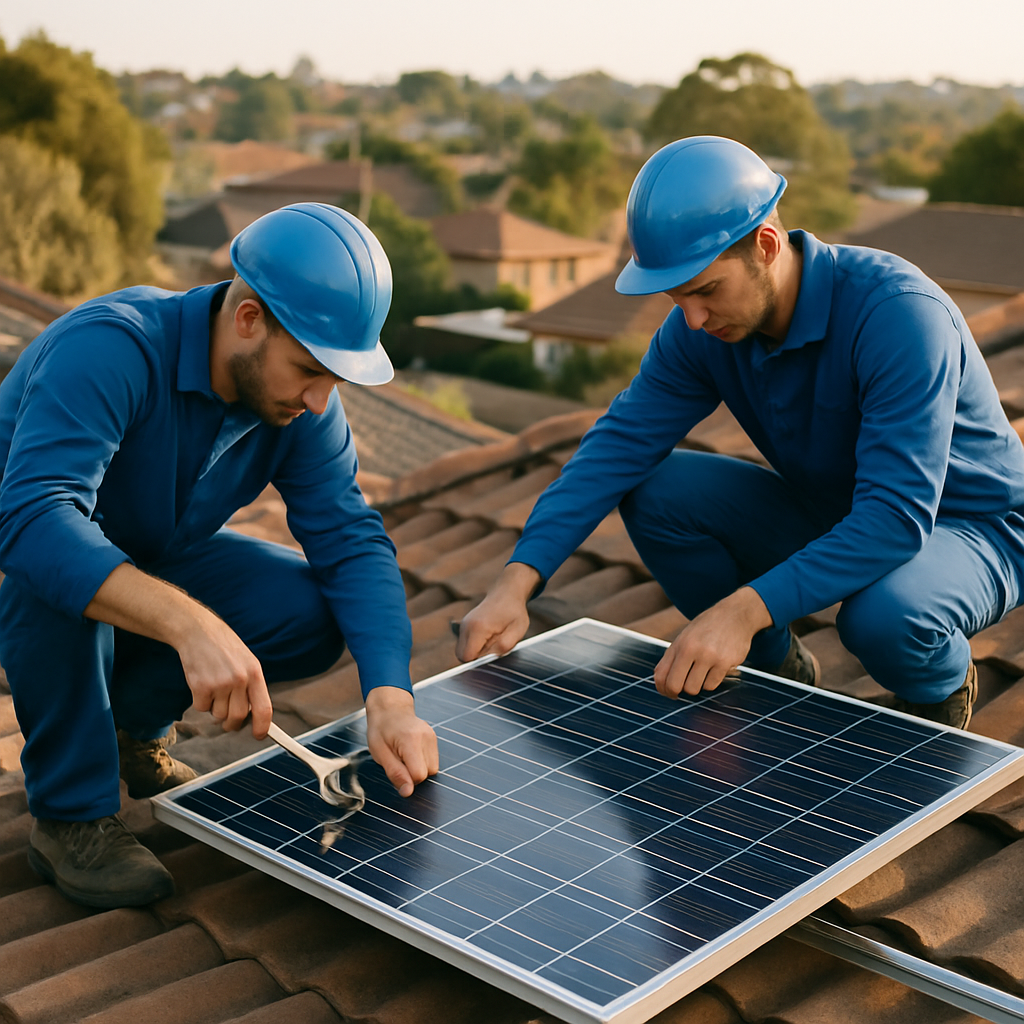 Solar Installer Warranty - A close-up shot of a solar panel being securely mounted on a roof by two installers in clean, professional uniforms. One installer is tightening a bolt with a wrench, while the other is carefully aligning the panel. The focus is on the precision and quality of the installation work. The background shows a typical Sydney suburban landscape.
