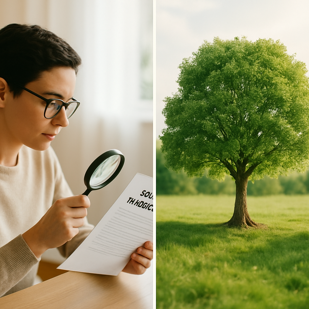 Solar Installer Warranty - A split-screen image. On one side, a person is carefully reviewing a document (representing the solar warranty) with a magnifying glass. On the other side, a lush green tree is growing strong and healthy, symbolizing long-term growth and investment. The overall image conveys the importance of due diligence and the benefits of a solid warranty.
